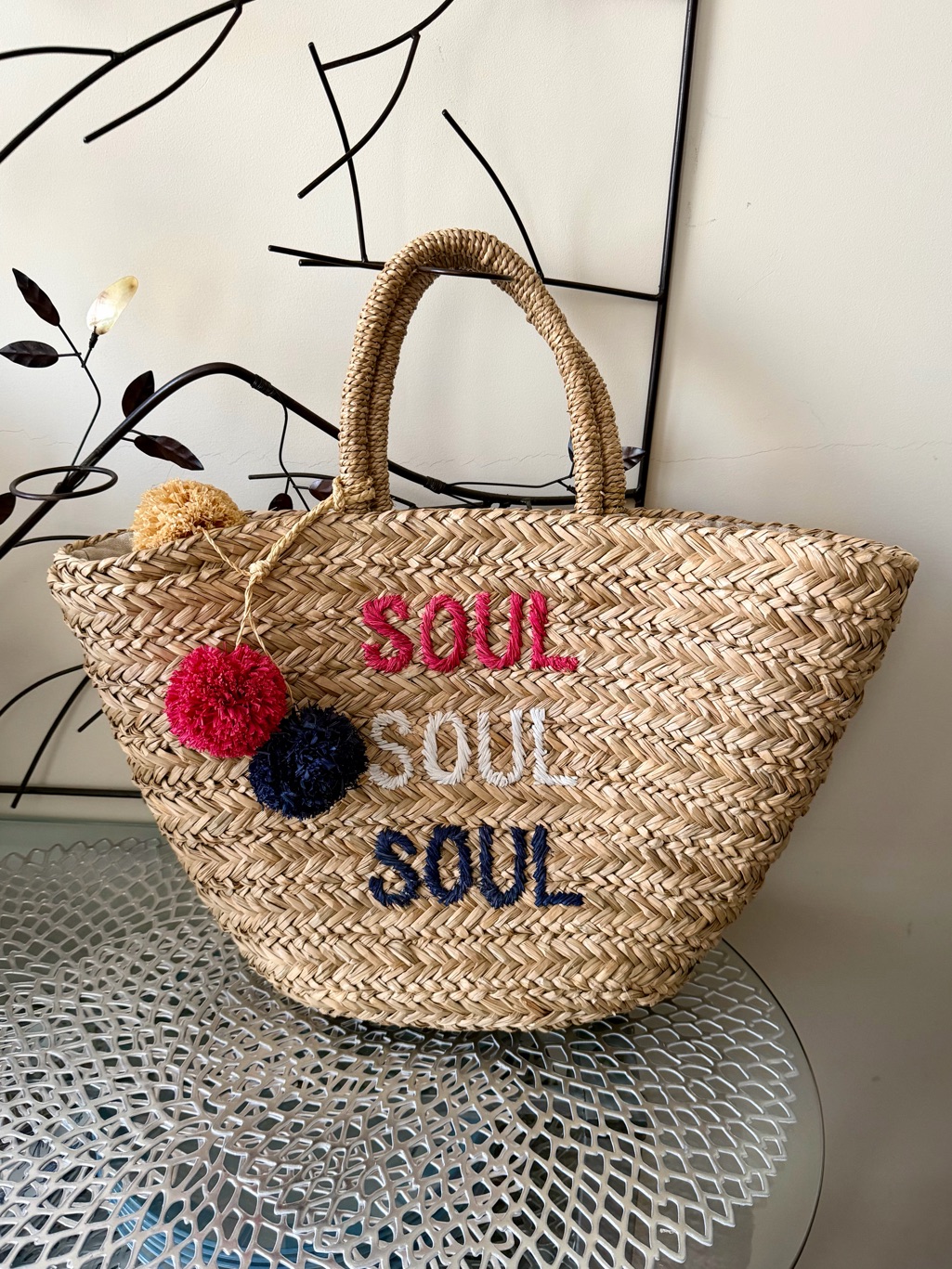 Nwt Soulcycle 'Soul Soul Soul' Raffia Straw Beach Bag Tote With Pom Pom Design